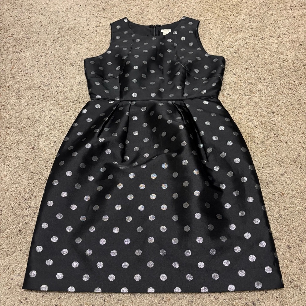 J. Crew Black and Metallic Silver Polka Dot Holiday Dress Size 8